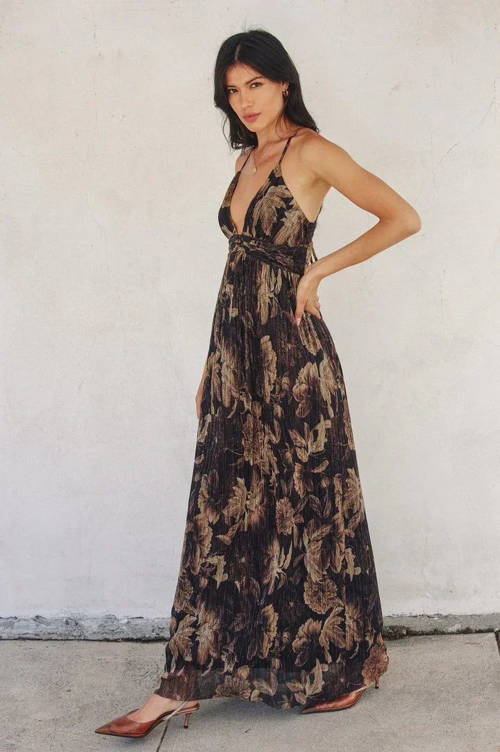 Floor-length black and beige abstract print NIGHT RHYTHM MAXI DRESS, a sophisticated maxi dress