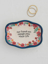 Artisan trinket dish with floral border and inspirational text for elegant storage