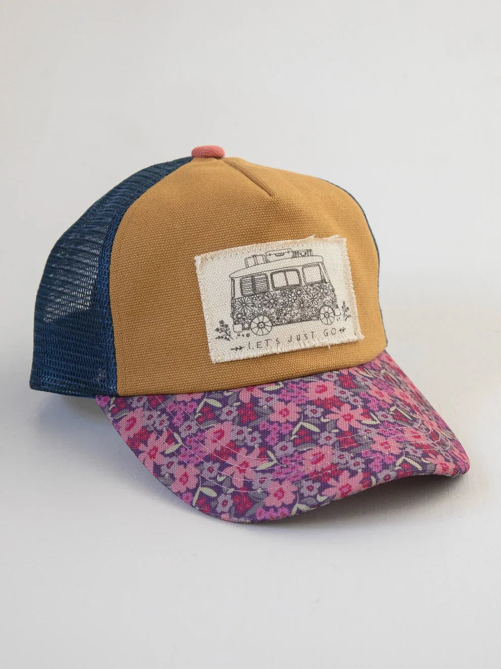 Floral-brimmed trucker hat with van patch, perfect canvas trucker hat for adventure