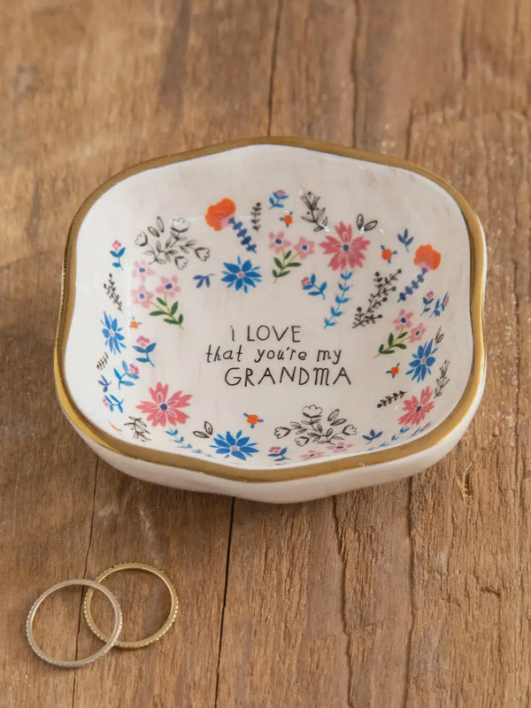 Floral-decorated trinket bowl with gold trim - ANTIQUED TRINKET BOWL - GRANDMA at Shop Daisy