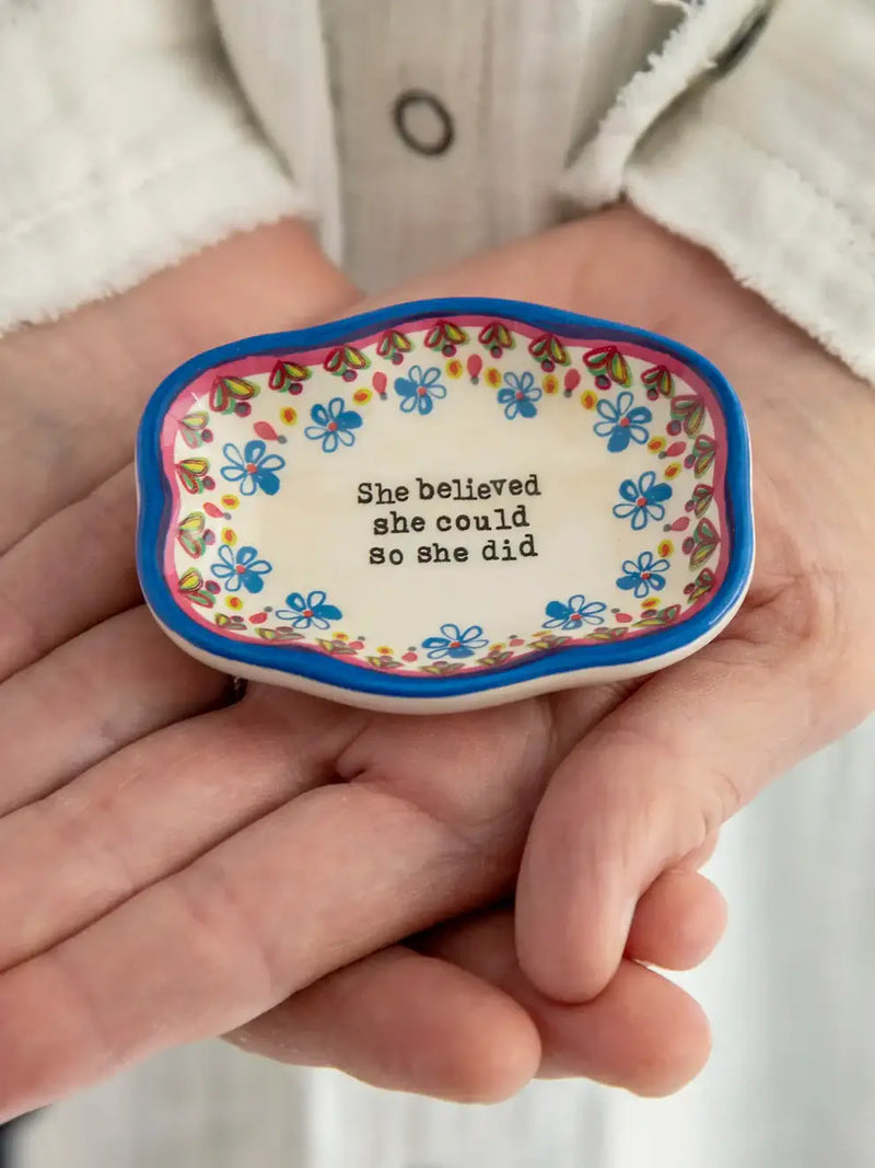 Floral-decorated trinket dish with inspirational message for women’s boho chic clothing at Shop Daisy