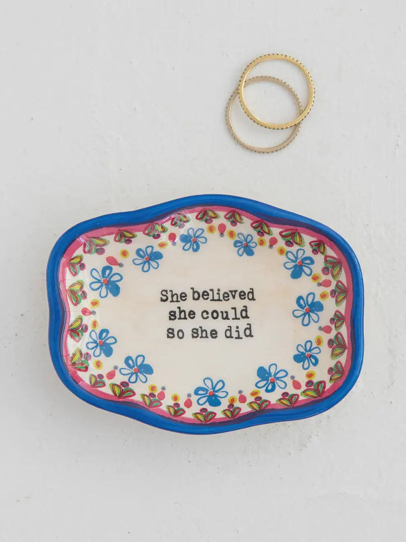 Floral-decorated trinket dish with motivational text and rings, perfect for shop Daisy