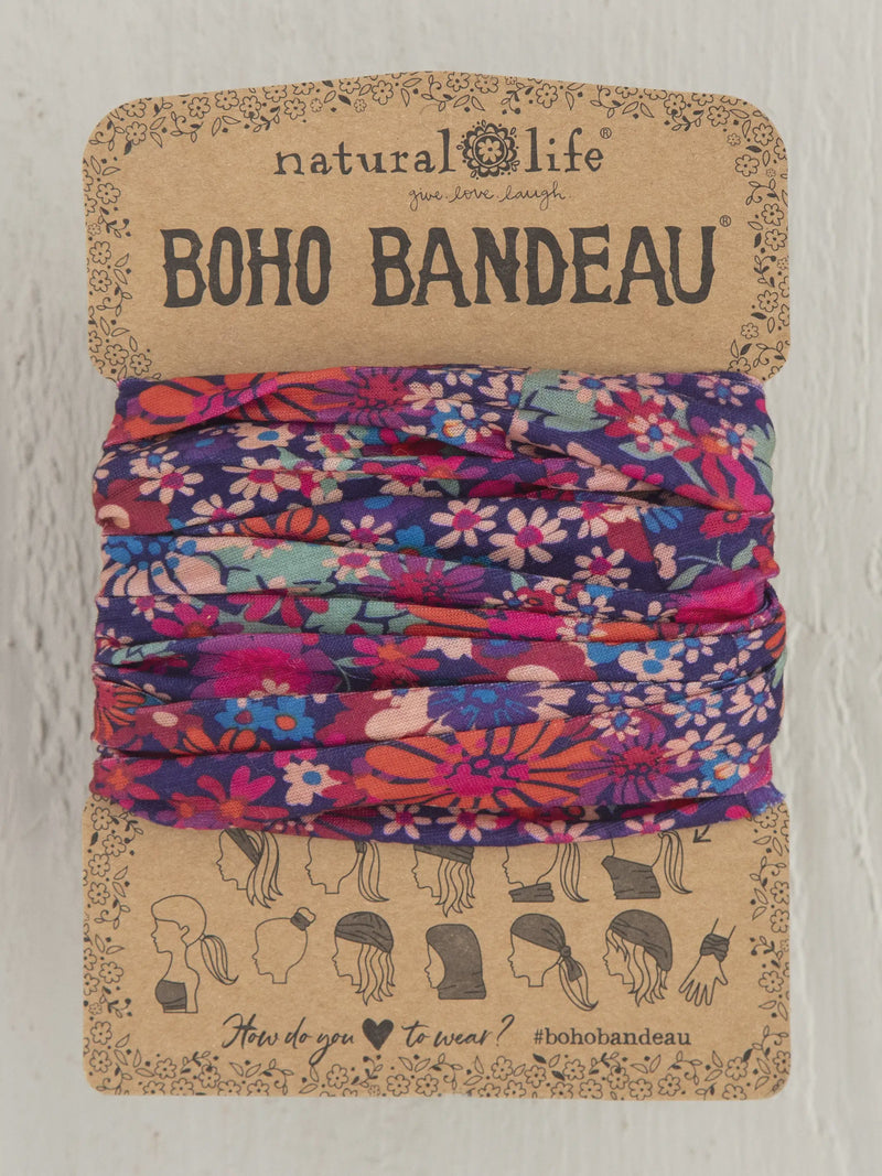 Boho Bandeau Headband with Dark Red Pink Floral Print