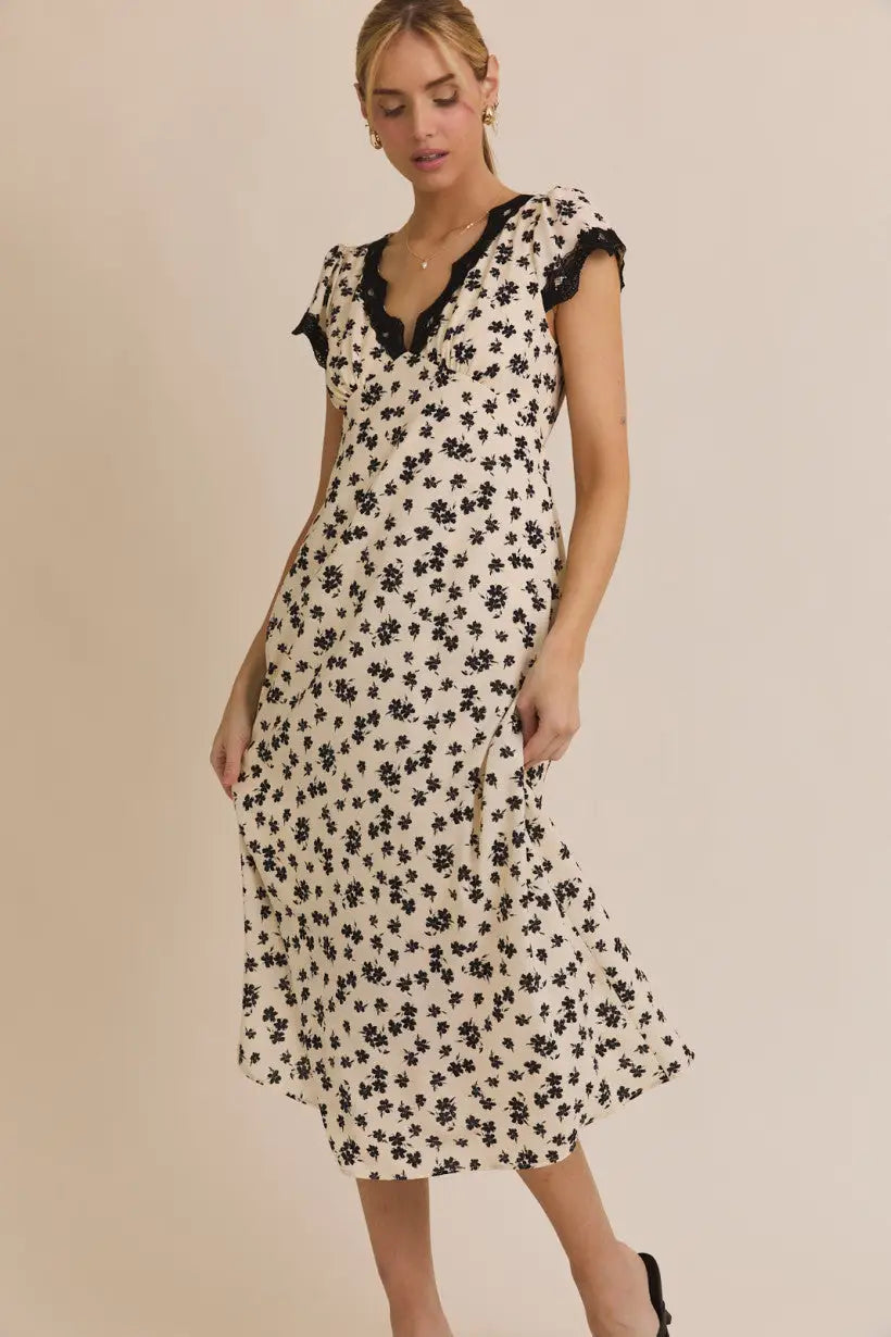 Floral midi dress with short sleeve lace trim and V-neck for elegant style