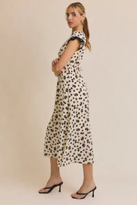 Floral midi dress with short sleeve lace and lace trim, V-neck for elegant style