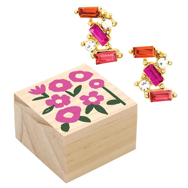 Floral-painted wooden treasure box with hot pink gemstone earrings for treasure box accessories