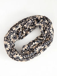 Floral patterned infinity scarf in black and white design for a boho free spirit style