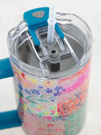 Floral-patterned stainless steel tumbler with straw and handle for stylish hydration