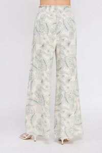 Floral-patterned linen smocked tie waist wide leg pants for a chic summer look