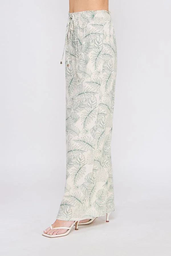 Floral-patterned smocked tie waist wide leg linen pants for a stylish look
