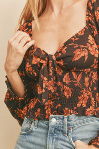 Floral print Chocolate Sweetheart Smocked top with ruffles and denim jeans