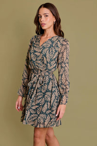 Floral print long sleeve surplice abstract dress with cinched waist for a stylish look