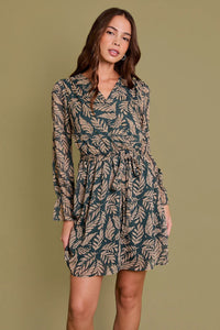 Floral print long sleeve surplice abstract dress with gathered waist and sleeves