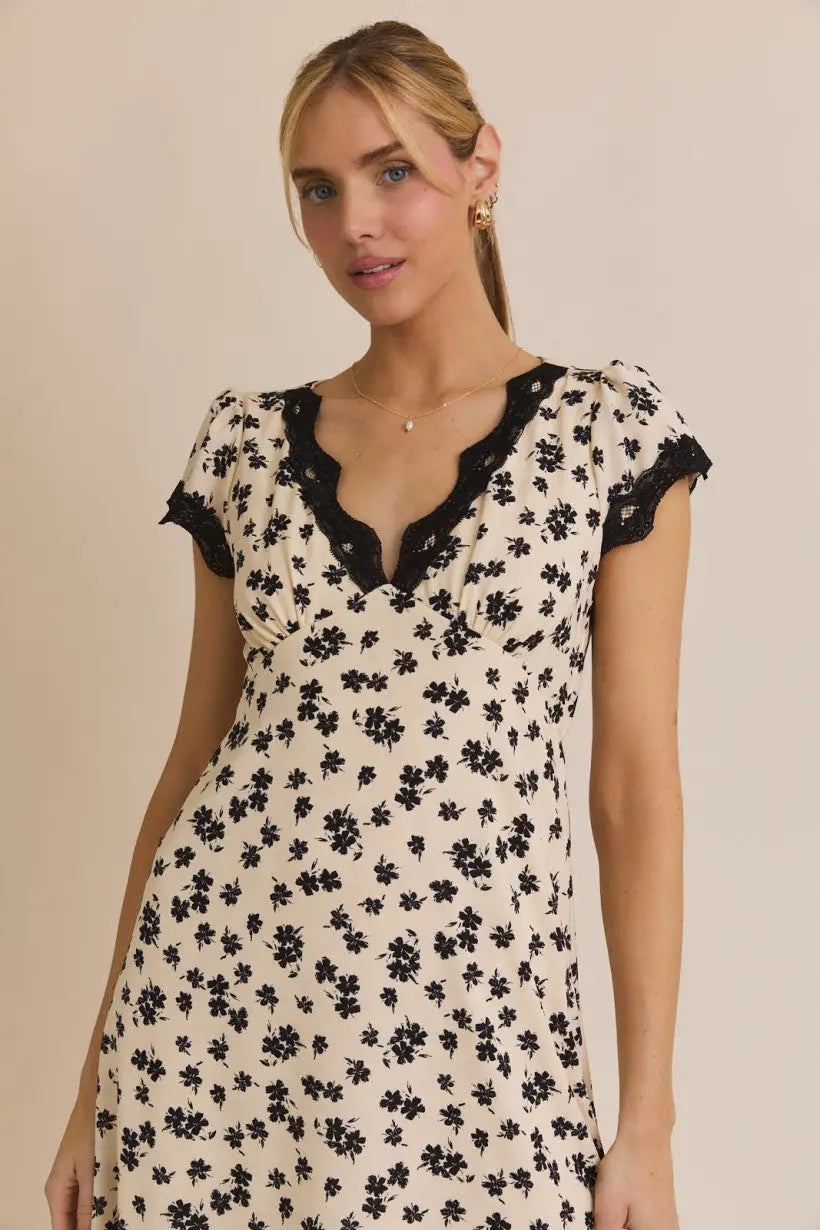 Floral print dress with short sleeve lace and black lace trim from FLORAL V-NECK MIDI DRESS