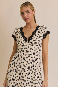 Floral print dress with short sleeve lace and black lace trim from FLORAL V-NECK MIDI DRESS