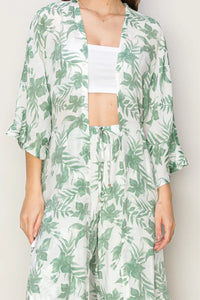 Floral Duster Kimono featuring green leaves on white, perfect for the boho free spirit