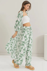 Floral print kimono duster and wide-leg pants ensemble for a boho free spirit look