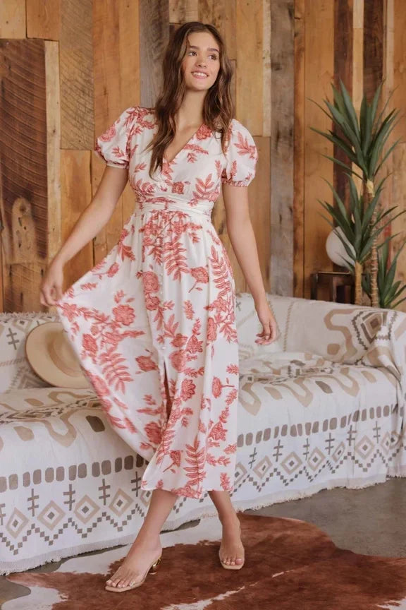 Floral V Neck Button Down Maxi Dress, a flowy boho style with puff sleeves and fitted waist