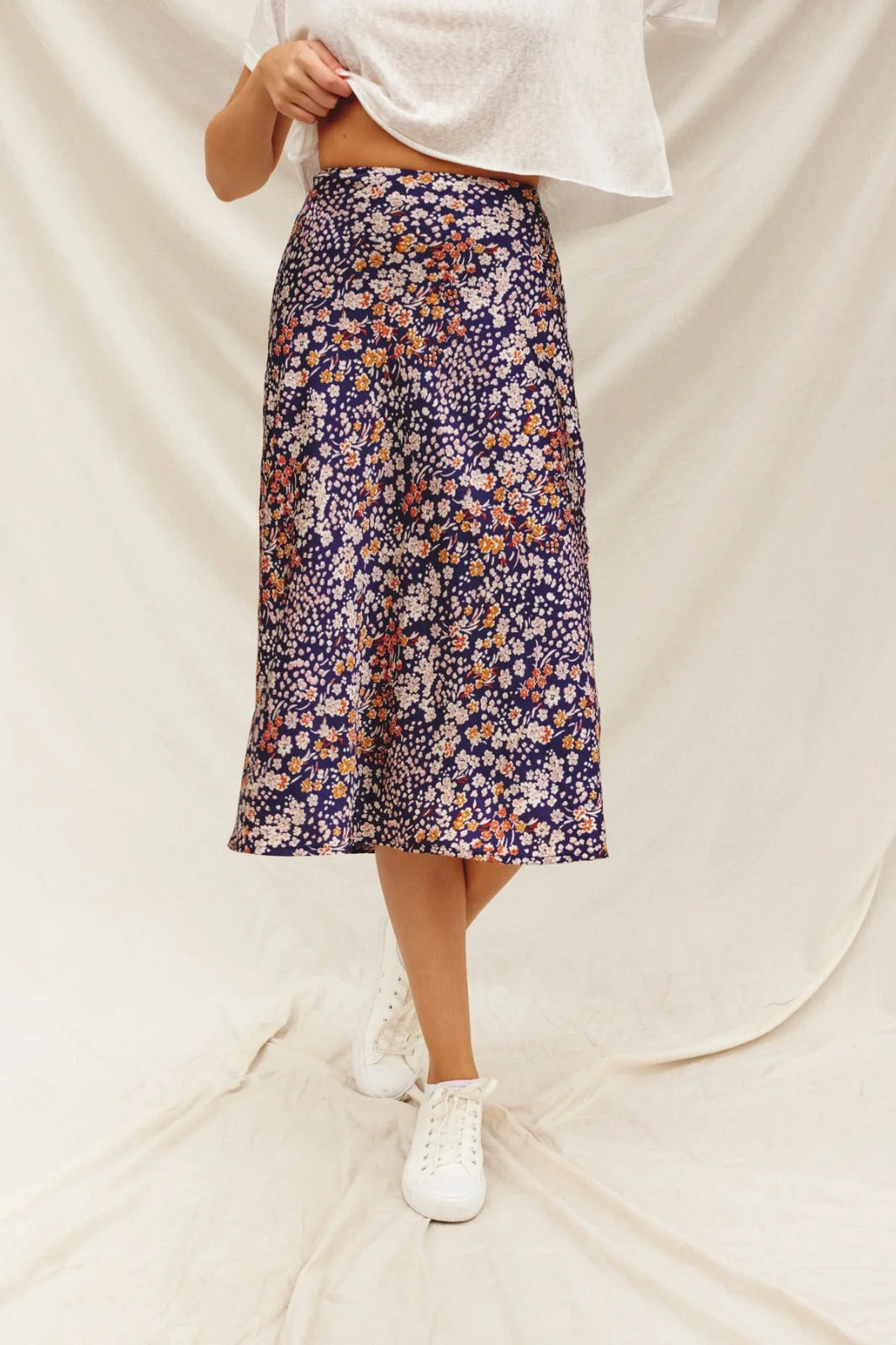 Floral A-Line Midi-Maxi Skirt featuring a colorful flower pattern for a free spirit style