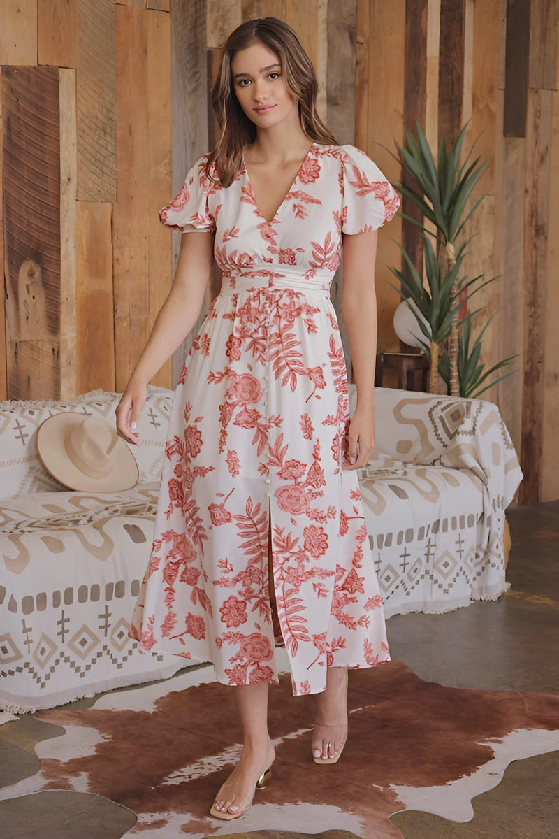 Floral print midi dress with puff sleeves, perfect for a boho free spirit style