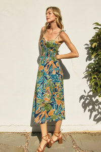 Floral print midi dress with twist knot detail from HAVANA TWIST KNOT TIE SHOULDER collection, perfect for women’s boho chic clothing