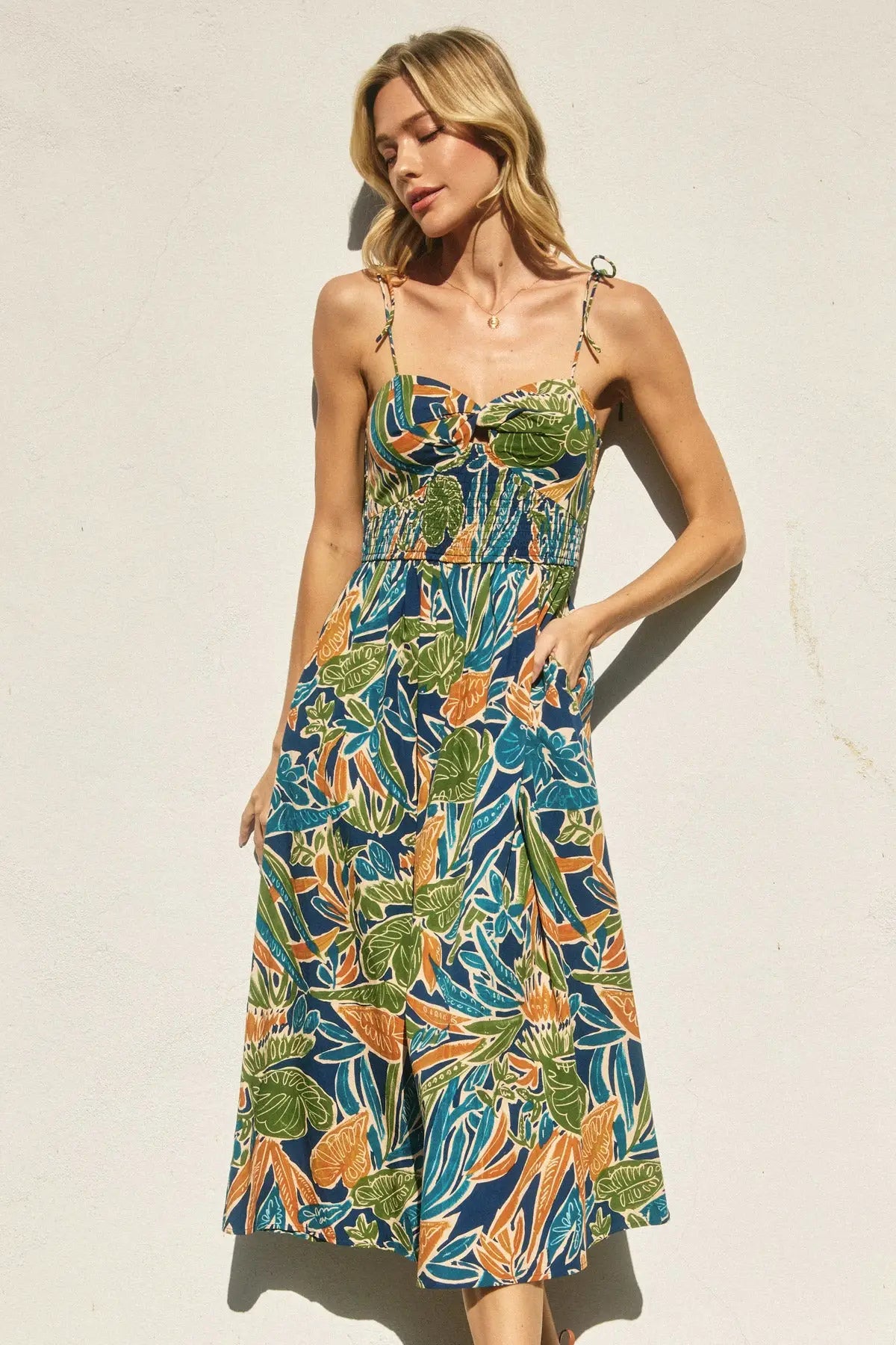 Floral print midi dress with twist knot design from HAVANA TWIST KNOT TIE SHOULDER collection