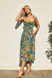 Havana Twist Knot Tie Shoulder Midi Dress in floral print, perfect for women’s boho chic clothing