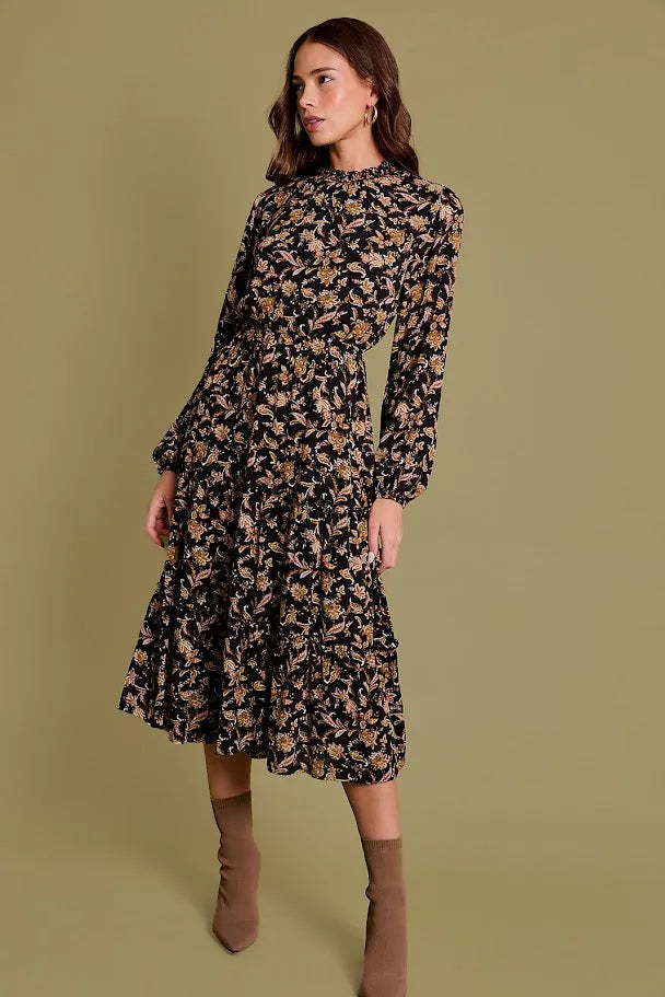 Daisy Lane Boho Chic Mock Neck Midi Dress BLACK-BROWN PAISLI / MEDIUM Daisy Lane Boho Chic Mock Neck Midi Dress BLACK-BROWN PAISLI / MEDIUM