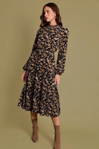 Floral print midi dress with long sleeves and tiered skirt for women’s boho chic clothing