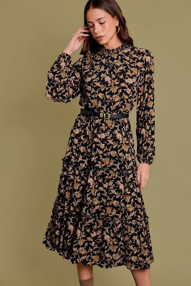 Floral print midi dress with long sleeves and belted waist from Shop Daisy womens boho clothes