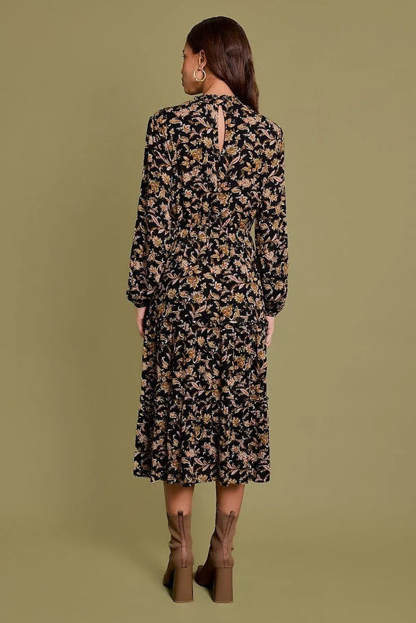 Floral print midi dress with long sleeves and keyhole back, ideal for women’s boho chic clothing