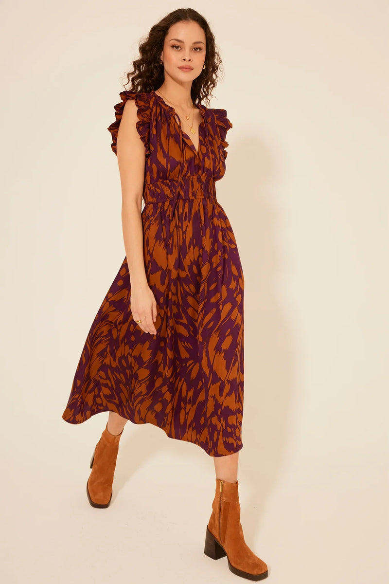 Floral print PASEO DE ORO DRESS with ruffled sleeves in boho autumn colors