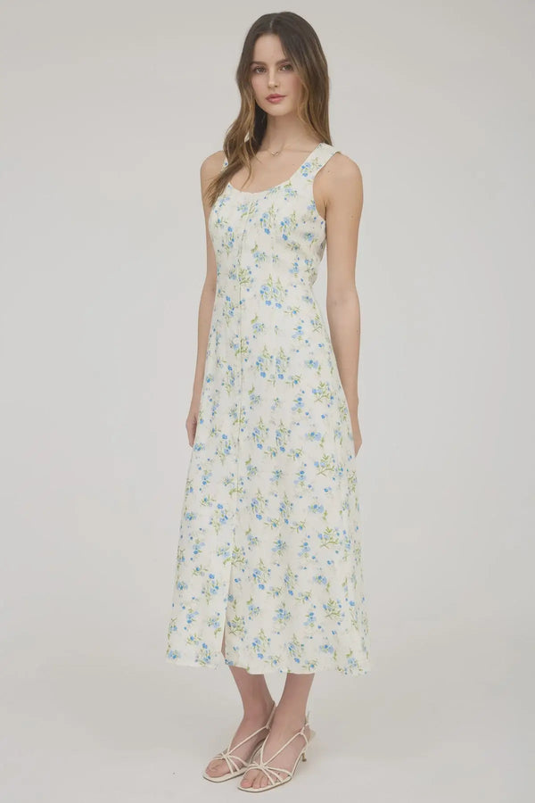 Floral sleeveless button down midi dress with floral print and sleeveless design
