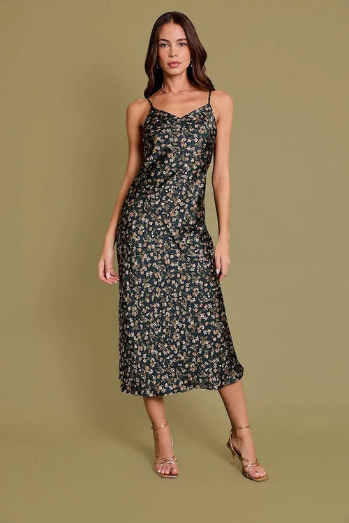 Floral print midi slip dress with spaghetti straps for women’s boho chic clothing