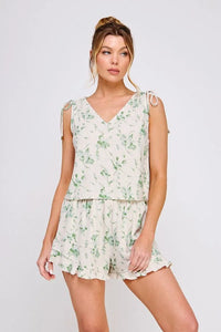 Floral print romper featuring printed linen shoulder and linen shoulder drawstrings