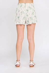 Floral print ruffle shorts in printed linen blend with linen blend elastic waist
