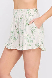Floral print ruffle shorts in printed linen blend with linen blend elastic waist