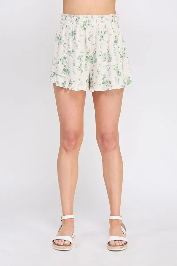 Floral print shorts made from printed linen blend with elastic waist for comfortable wear