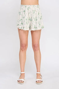 Floral print shorts made from printed linen blend with elastic waist for comfortable wear
