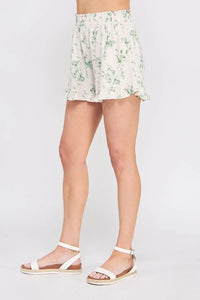Floral print shorts in printed linen blend with elastic waist for a stylish look