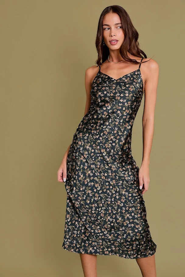 Floral print slip dress with spaghetti straps, perfect for women’s boho chic clothing