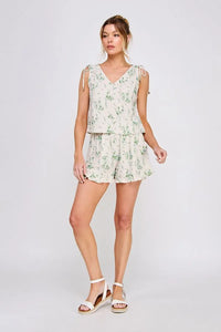 Floral print two-piece set in printed linen blend with linen blend elastic waist