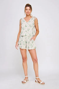 Floral print two-piece set featuring printed linen shoulder with shoulder drawstrings blend