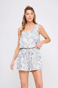 Floral print two-piece set showcasing linen square neck and sleeveless bohemian floral romper