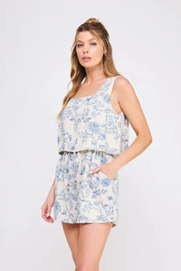 Floral print two-piece set featuring linen square neck and sleeveless bohemian floral romper