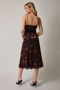 Sleeveless cowl neck midi flare dress in floral print velvet