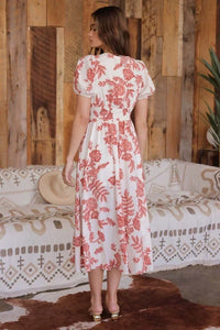 Floral print white and red boho summer dress with short sleeves and midi-length skirt