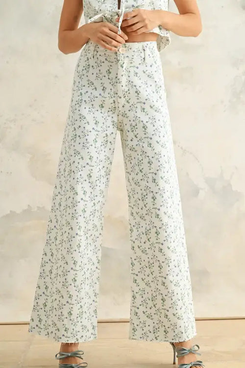 Floral print stretched pants with wide-leg design from FLORAL PRINT STRETCHED PANTS collection