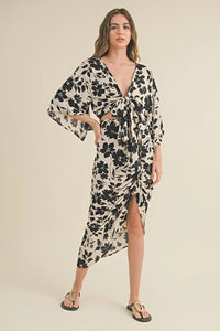 Floral print wrap dress with kimono sleeves and side slit for stylish printed ruching skirt