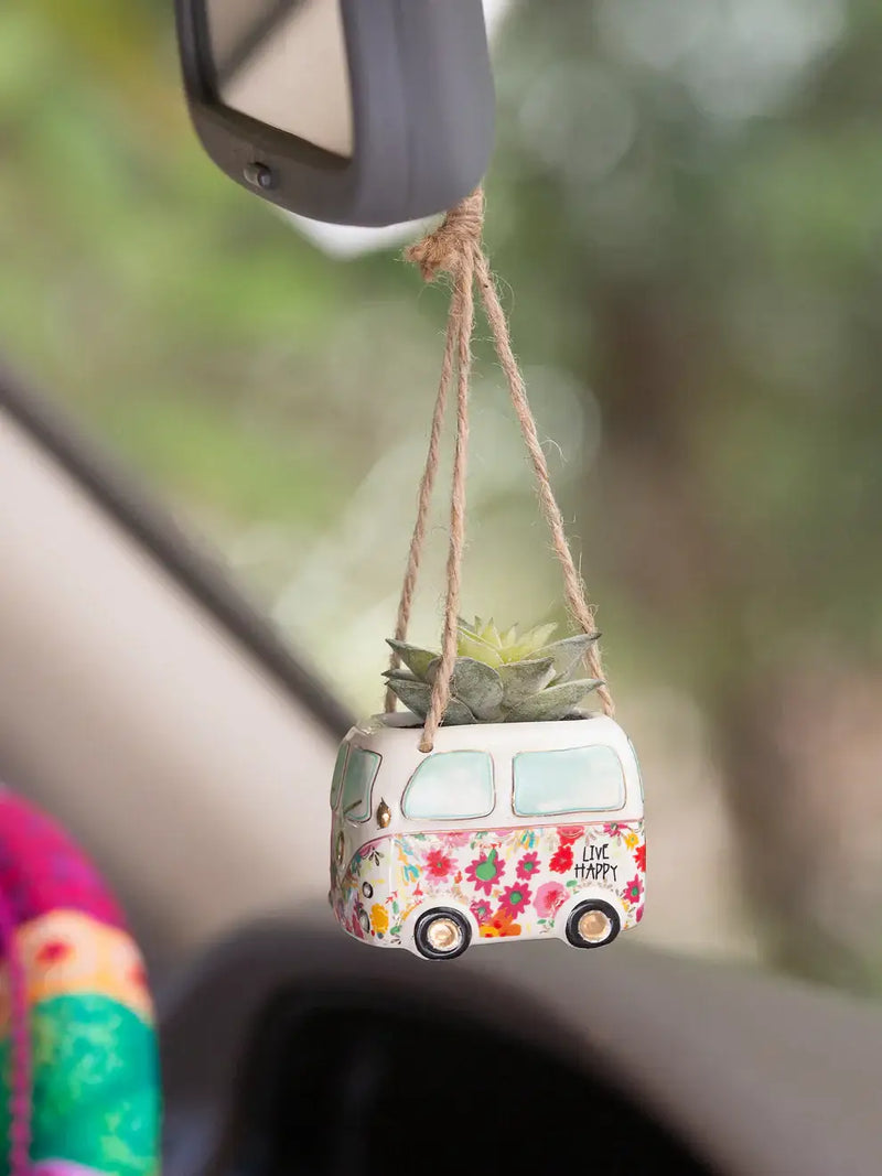 Hanging floral van planter featured in Faux Succulent Car Charm from Shop Daisy